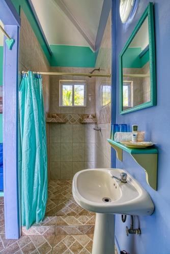 a bathroom with a sink and a mirror at Cosmic Crab Resort in Bocas del Toro