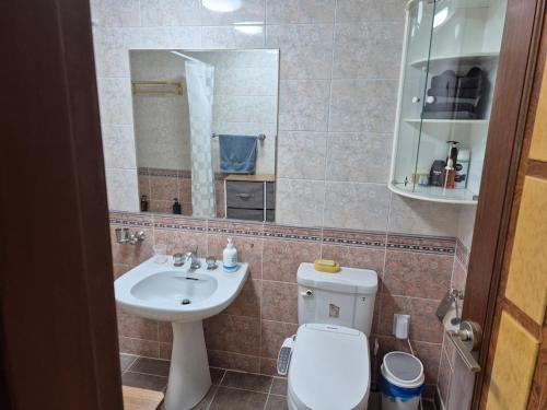 a bathroom with a toilet and a sink and a mirror at Spacious Mountain Sunset View in Yongin