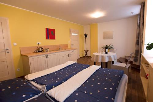 1 dormitorio con 1 cama y lavamanos. en Apartment historical city, en Znojmo
