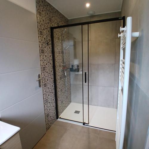 a shower with a glass door in a bathroom at L'Atelier in Maclas
