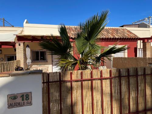a fence in front of a house with a palm tree at Villa Saladillo Camposol Holiday Home in Mazarrón