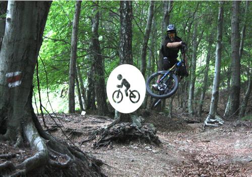 a man doing a trick on a bike in the woods at Loggia di charme in Malcantone in Curio