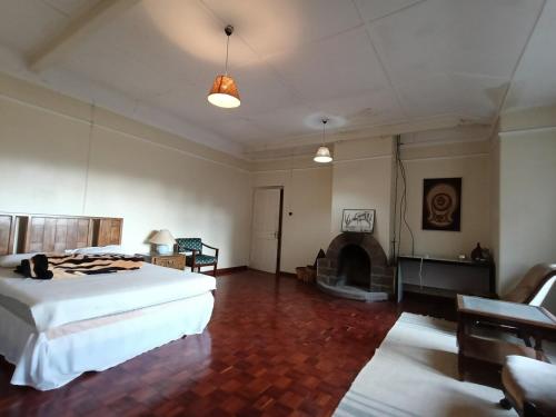 a bedroom with a large bed and a fireplace at Leleshwa Homestead Cottage - Mweiga in Nyeri