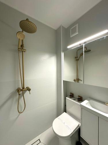 a bathroom with a white toilet and a sink at Monique's apartament 2 in Timişoara