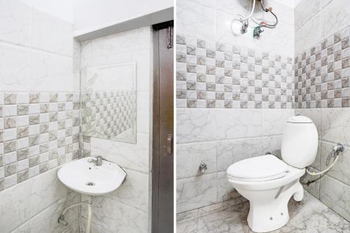 two pictures of a bathroom with a toilet and a sink at Super Hotel O Tyagi Road near Railway Station in Dehradun