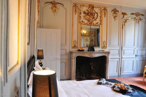 a room with a bed and a fireplace and a mirror at Les Glycines Vézelay in Vézelay
