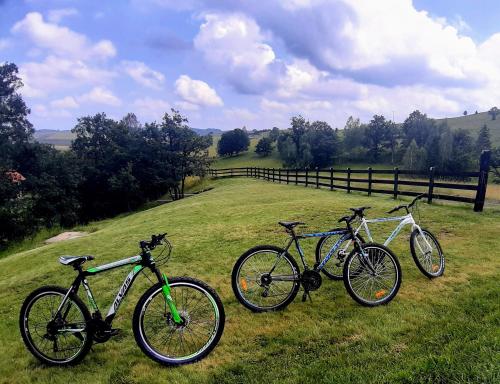 three bikes parked in a field in the grass at Casa Mila Zlatibor in Zlatibor