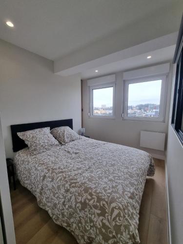 une chambre avec un lit et deux fenêtres dans l'établissement Sur la savoureuse - Le 64, à Belfort