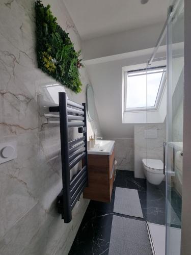 une salle de bain avec un lavabo et des toilettes dans l'établissement Sur la savoureuse - Le 64, à Belfort