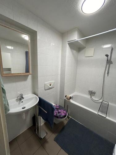 a bathroom with a sink and a tub and a toilet at Schönes 4-Zimmer Appartment, WLAN, Küche, BAD in Ilmenau