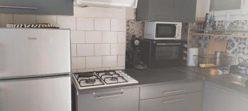 Il comprend une cuisine équipée d'une cuisinière et d'un réfrigérateur blanc. dans l'établissement Appartement front de mer, à Saint Cyprien Plage
