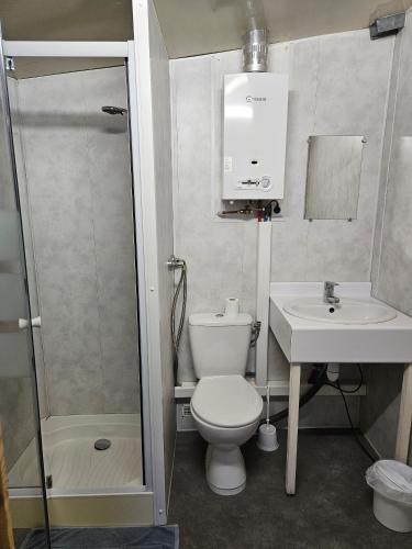 a bathroom with a toilet and a sink and a shower at Camping le Moulin du Roy in Revel