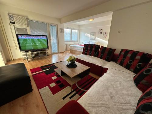 a living room with a couch and a flat screen tv at Aleks 4 in Skopje