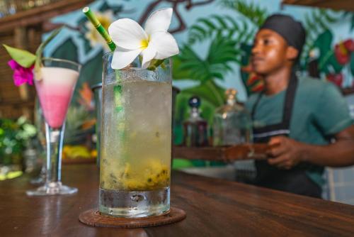 a drink on a table with a flower in it at Hazotsara Guest House in Nosy Be