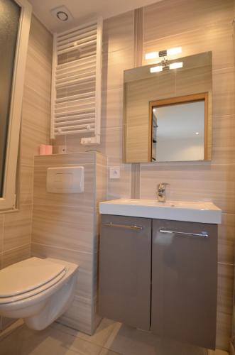 une salle de bain avec toilettes, lavabo et miroir dans l'établissement CONGRES - Appartement 4 personnes grande terrasse dans le Carré d'Or à Nice, à Nice
