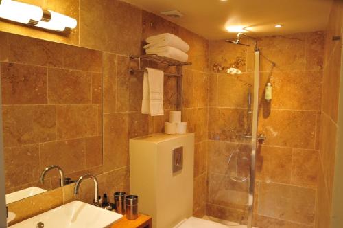 a bathroom with a sink and a shower with a refrigerator at Les Glycines Vézelay in Vézelay