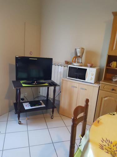 Il comprend une cuisine équipée d'une télévision et d'une table avec un four micro-ondes. dans l'établissement Maison de campagne Cap Corse, à Luri