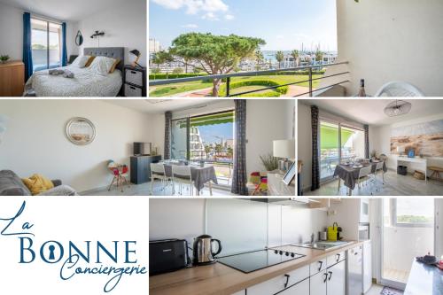 un collage de photos d'une cuisine et d'un salon dans l'établissement Rêve Bleu Résidence La Grande Pyramide Vue Port Hyper Centre Wifi Parking Privé Gratuit, à La Grande Motte