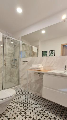 a bathroom with a shower and a toilet and a sink at Apartamenty Dębowa 3 in Polanica-Zdrój
