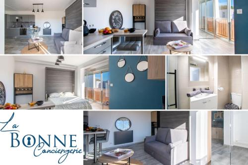 un collage de photos d'un salon et d'une salle à manger dans l'établissement Escapade Méditerranéenne Parking Privé Wifi Proche Plage Vrai lit, à La Grande Motte