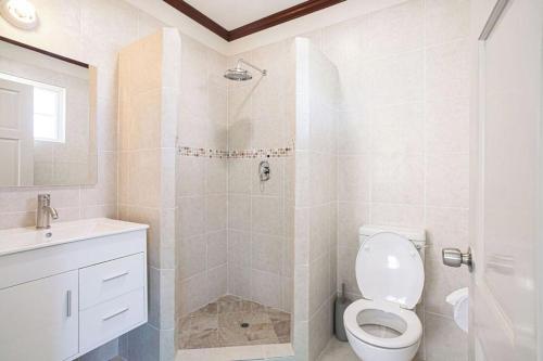 a bathroom with a toilet and a shower and a sink at St Silas 3-bedroom by ZenBreak in Saint James