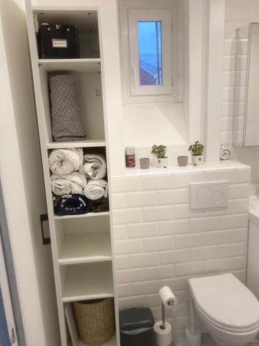 La salle de bains est pourvue de toilettes et d'une étagère avec des serviettes. dans l'établissement Écrin au cœur de Paris, à Paris