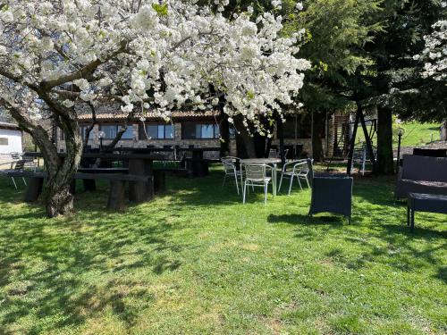 a picnic table and chairs under a tree with white flowers at La Locanda Del Poeta in Acri