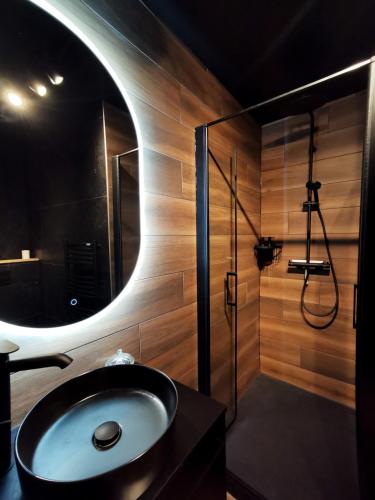 une salle de bain avec un lavabo et une douche avec un miroir dans l'établissement La Virgule, votre cocon dolois, à Dole