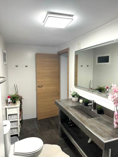a bathroom with a sink and a toilet and a mirror at Descanso en Sevilla in Seville