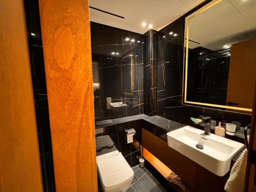 a bathroom with a sink and a toilet and a mirror at Disalvo Smart and Luxury Studio in Dubai