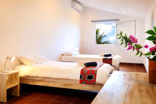 a bedroom with two beds and a window at Casa das Palmeiras - Palm Tree House in Ponta do Ouro