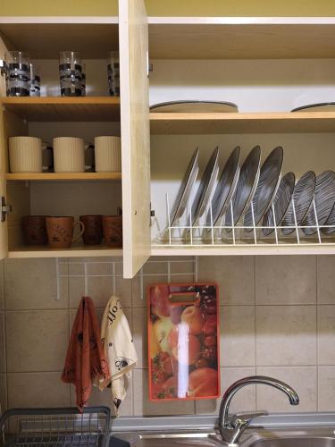 a kitchen with a sink and a shelf with dishes at Olive Tree Apartment in Asprovalta