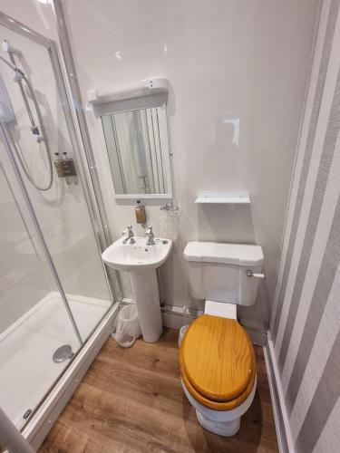 a bathroom with a toilet and a sink and a shower at Roy Bridge Hotel in Fort William