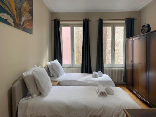 deux lits dans une chambre avec deux fenêtres dans l'établissement Le Kablé - Proche Palais de la Musique et des Congrès - Lycée Kléber, à Strasbourg