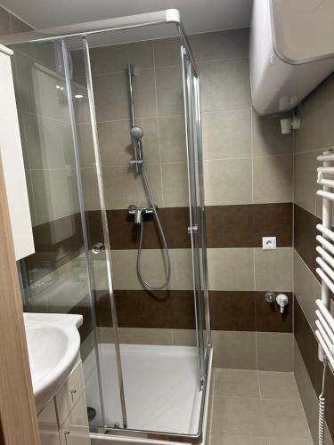 a bathroom with a shower and a sink at Silver Apartman in Siófok