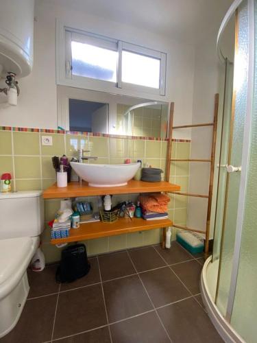 une salle de bain avec un lavabo et des toilettes dans l'établissement Studio lumineux avec terrasse, à Arcachon