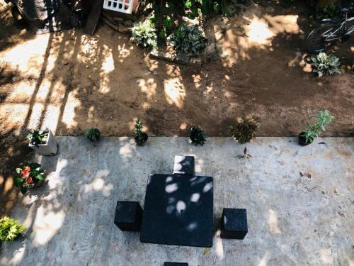 an overhead view of a table and potted plants at Nehan Villa in Pelena