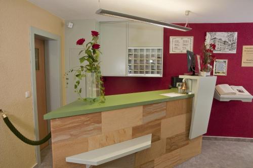 a kitchen with a green counter and a red wall at Panoramahotel & Restaurant am Marienturm in Rudolstadt