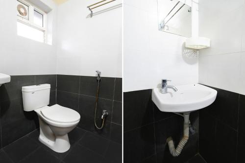 two pictures of a bathroom with a toilet and a sink at FabHotel The Botanica- Nr Hmwssb Kondapur section office-Masjid Banda, Kondapur in Kondapur