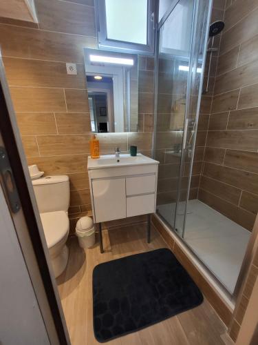 une salle de bain avec toilettes, douche et lavabo dans l'établissement Le quai Maupassant, à Fécamp