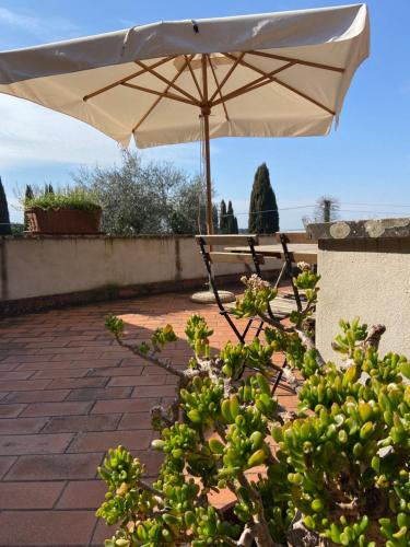 a white umbrella and a bench and a table at CasaLeTolfe Residence in Siena