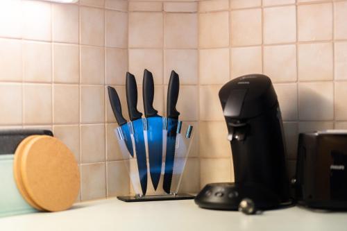 a group of knives in a holder on a kitchen counter at homy MontaVista - 300m zur Golmerbahn in Vandans