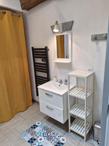 une salle de bain avec un lavabo blanc et un miroir dans l'établissement La Petite Bressane, à Bourg-en-Bresse