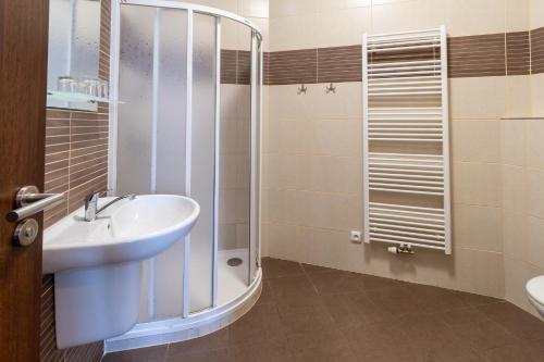a bathroom with a sink and a shower at Penzion Na Dlouhé in Uherské Hradiště