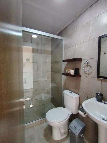 a bathroom with a toilet and a sink at Mono Samay 216 in Cochabamba
