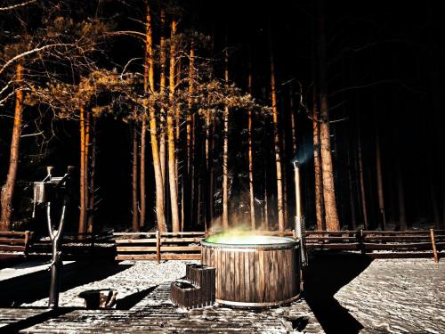 a barrel in the middle of a park at night at Metai mikeA year in the forest in Paliepis
