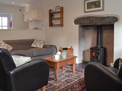 a living room with a fireplace and a couch at Coopers Cottage in Haverthwaite