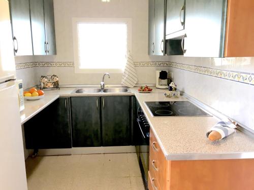 una cocina con armarios negros y fregadero en Finca Can Titos, en Llucmajor