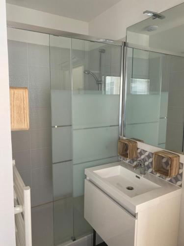 une salle de bain blanche avec un lavabo et une douche dans l'établissement Le petit Desbiey, à Arcachon