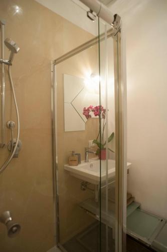 a bathroom with a shower with a sink and a mirror at B&B Corso Diaz in Ravenna